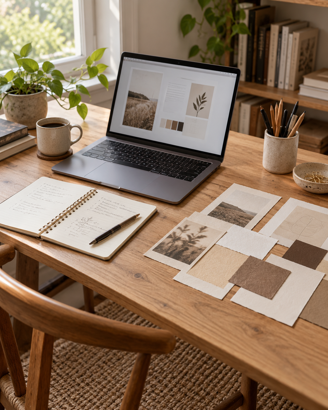 Writing and design workspace with a laptop, notebook and paper samples